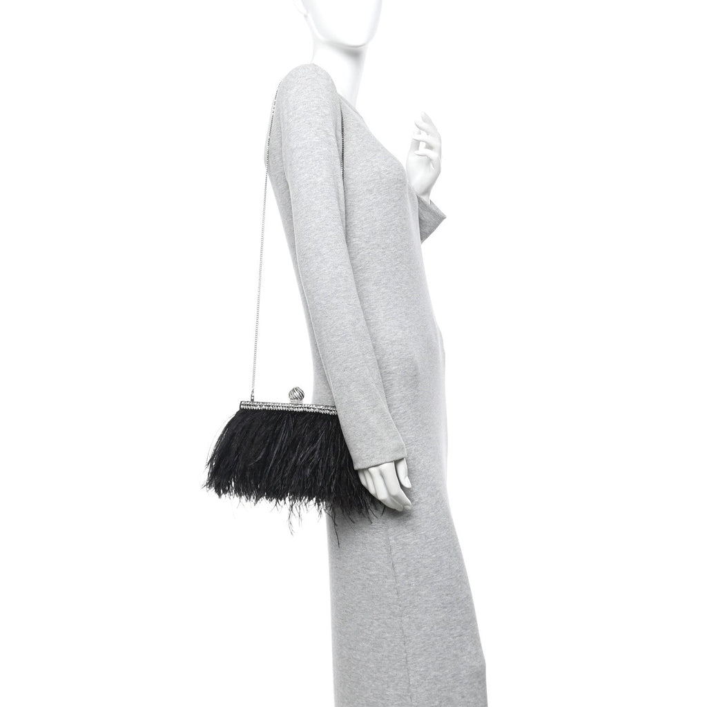 Satin Feather Crystal Embellished Celeste Clutch Black