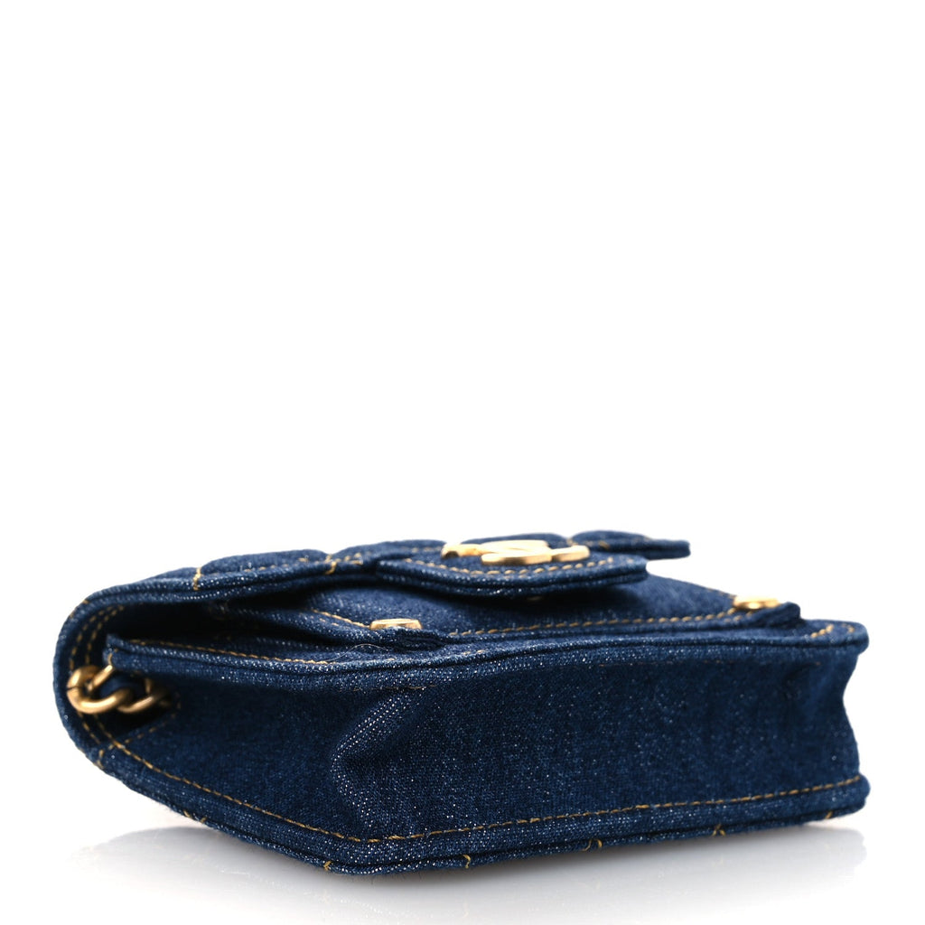 Denim Quilted Double You  Holder On Chain Blue