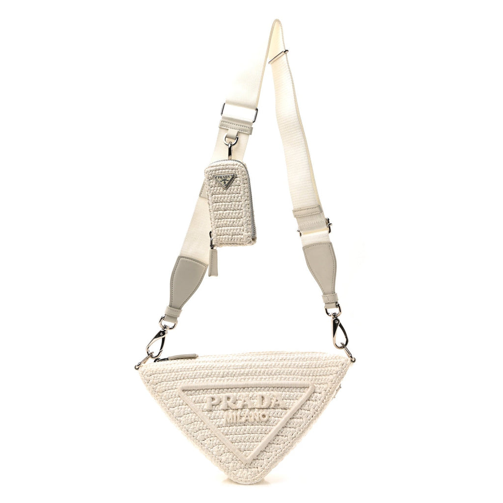Yarn Raffia Effect Crochet Triangle Shoulder Bag White