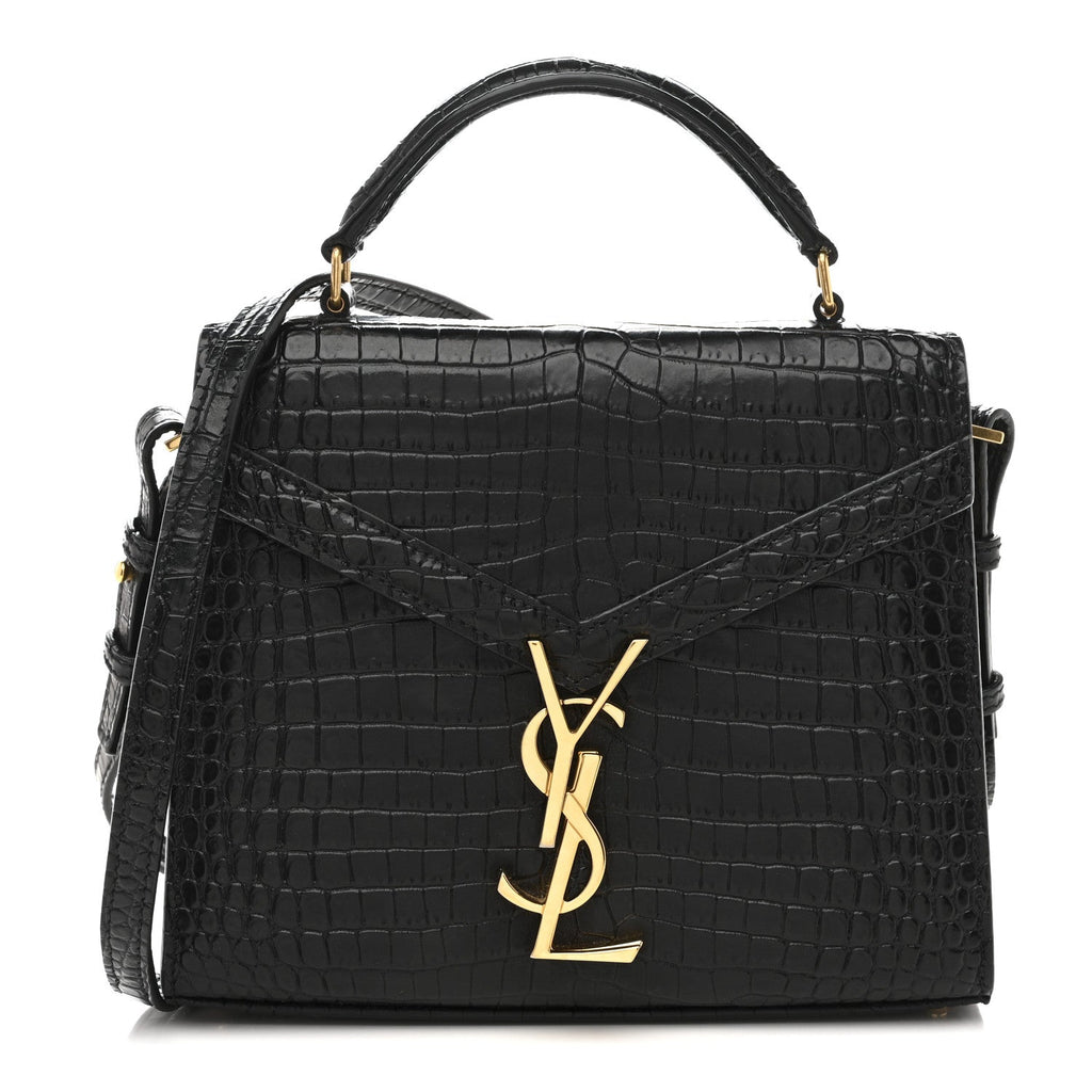 Calfskin Crocodile Embossed Mini Classic Monogram Cassandra Top Handle Black