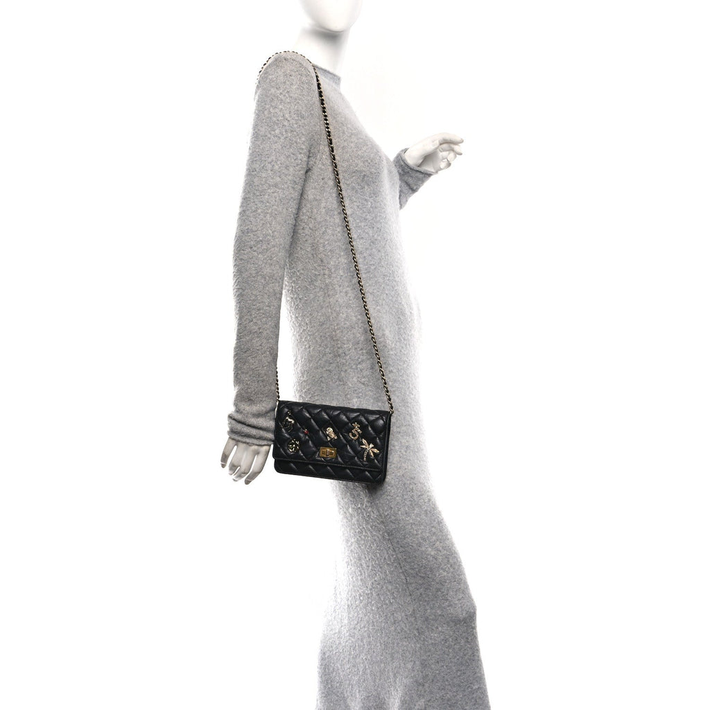 Aged Calfskin Lucky Charms 2.55 Reissue Wallet on Chain WOC Black