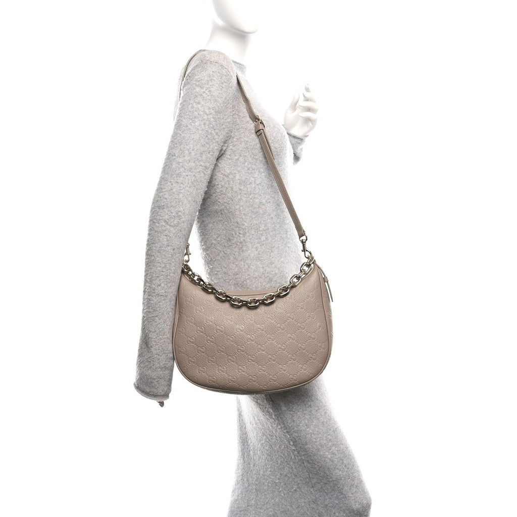 GG Grainy Calfskin Emblem Large Half Moon Shoulder Bag Taupe