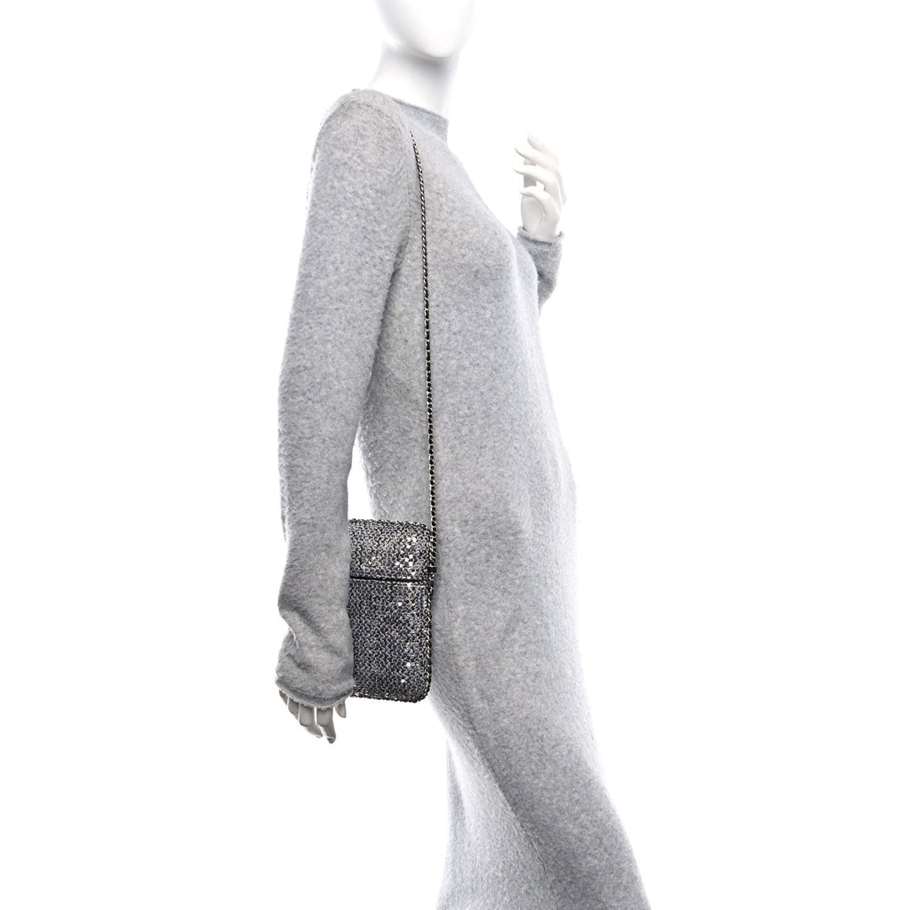 Tweed Sequin Chain Around Phone Holder Silver Black