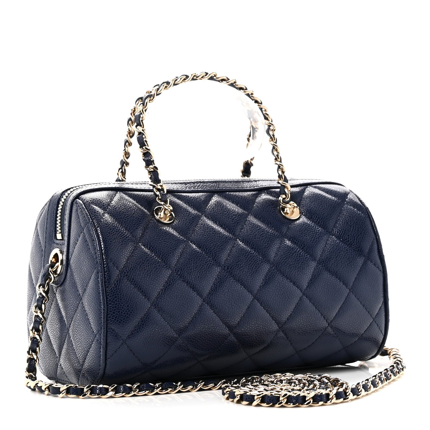 Caviar Quilted Barrel Clutch With Chain  Navy