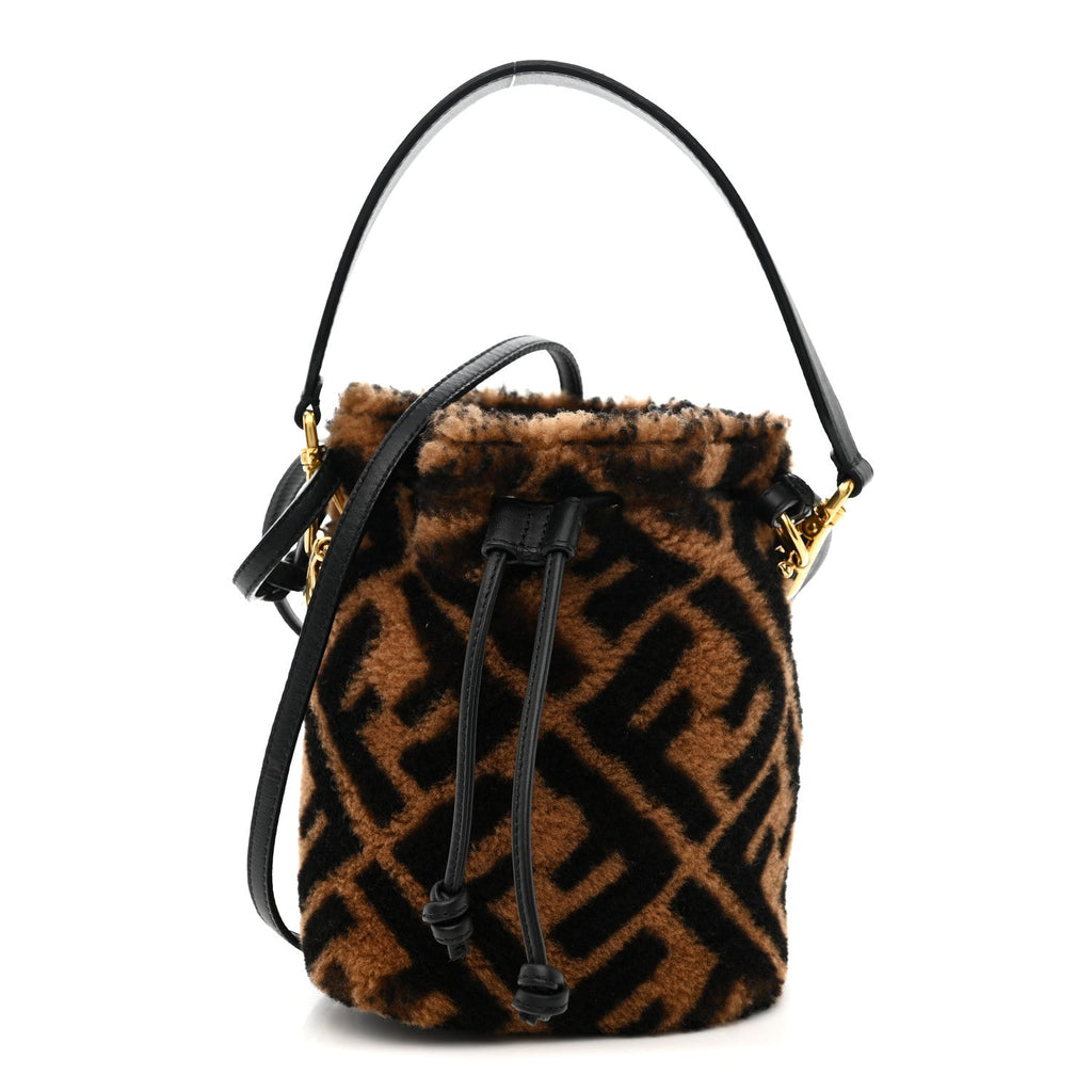 Shearling Vitello Dolce F is Fendi Macro FF 1974 Mini Mon Tresor Bucket Bag Tobacco Black