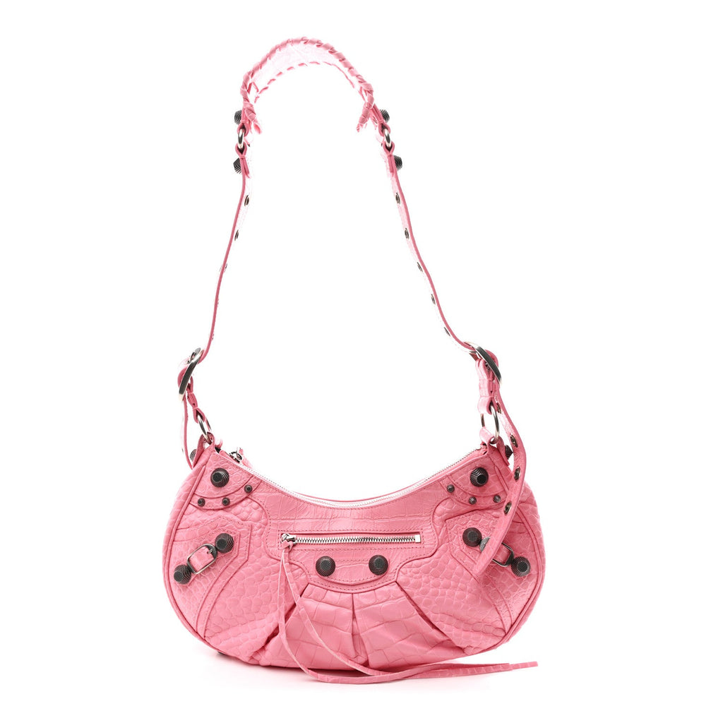 Extra Supple Calfskin Crocodile Embossed Small Le Cagole Shoulder Bag Sweet Pink