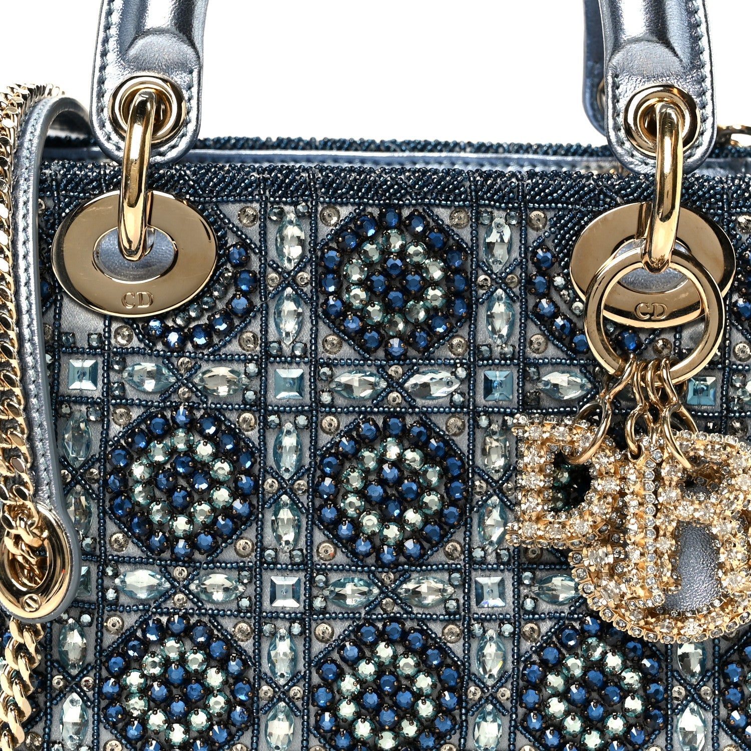 Metallic Calfskin Satin Celestial Bead Embroidery Cannage Mini Lady Dior Blue