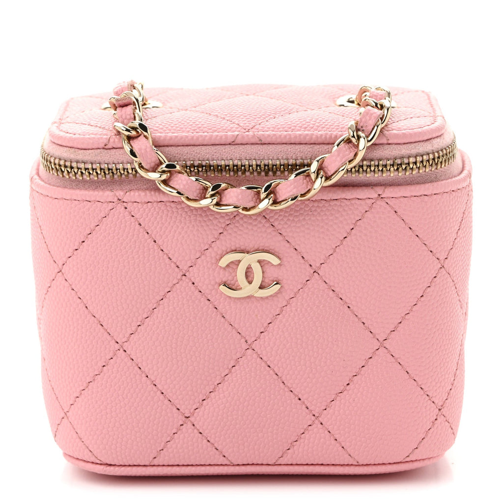 Caviar Quilted Mini Vanity Case With Chain Pink