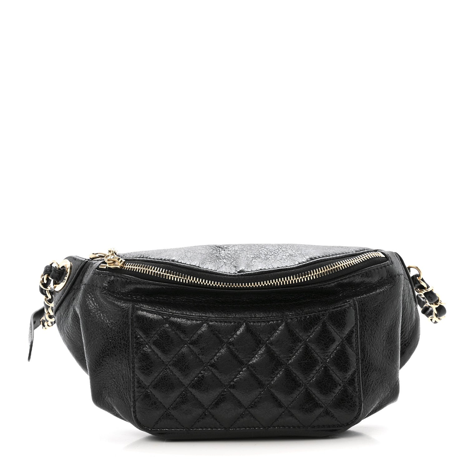 Crumpled Glazed Lambskin Quilted Waist Bag Fanny Pack Black