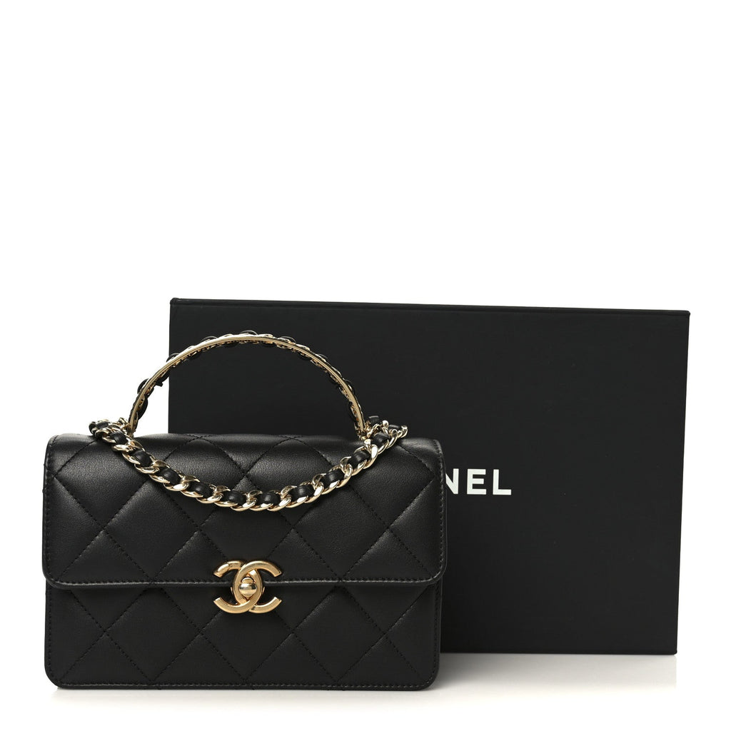 Shiny Calfskin Quilted Mini Metal Top Handle Flap Black