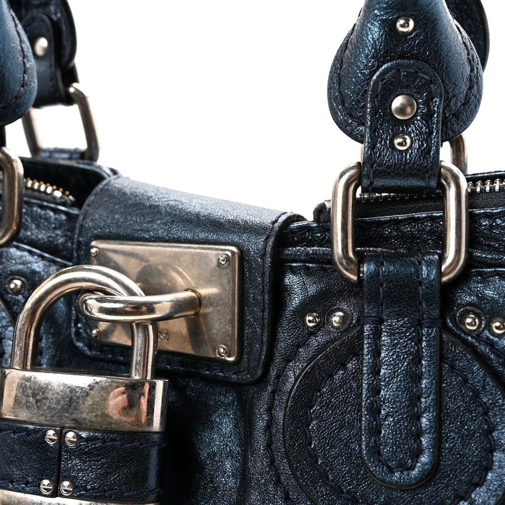 Metallic Calfskin Large Paddington Tote Blue