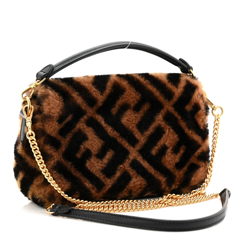 Shearling Vitello Dolce Macro FF 1974 Mini Baguette Tobacco Black