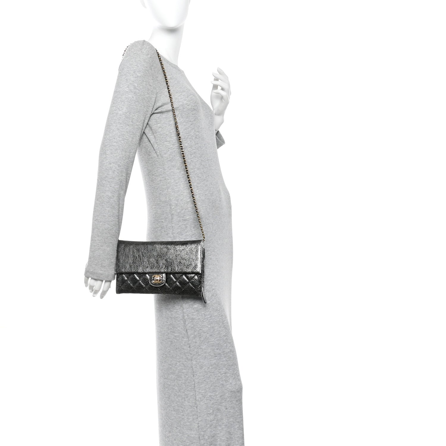Cracked Metallic Calfskin Quilted Zip Away Chain Clutch Dark Silver