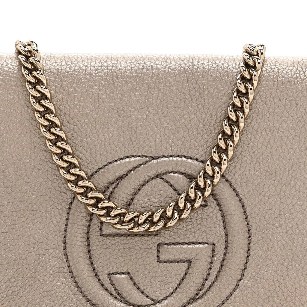 Metallic Pebbled Calfskin Medium Soho Flap Crossbody Golden Beige