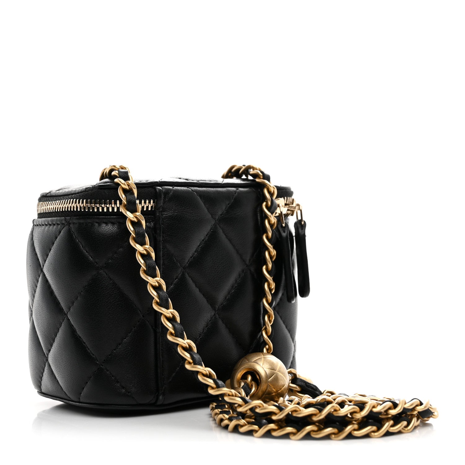 Lambskin Quilted Mini Pearl Crush Vanity Case With Chain Black