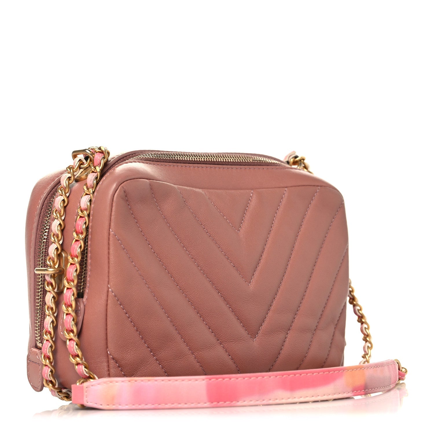Lambskin Chevron Quilted Chain Around Camera Case Pink