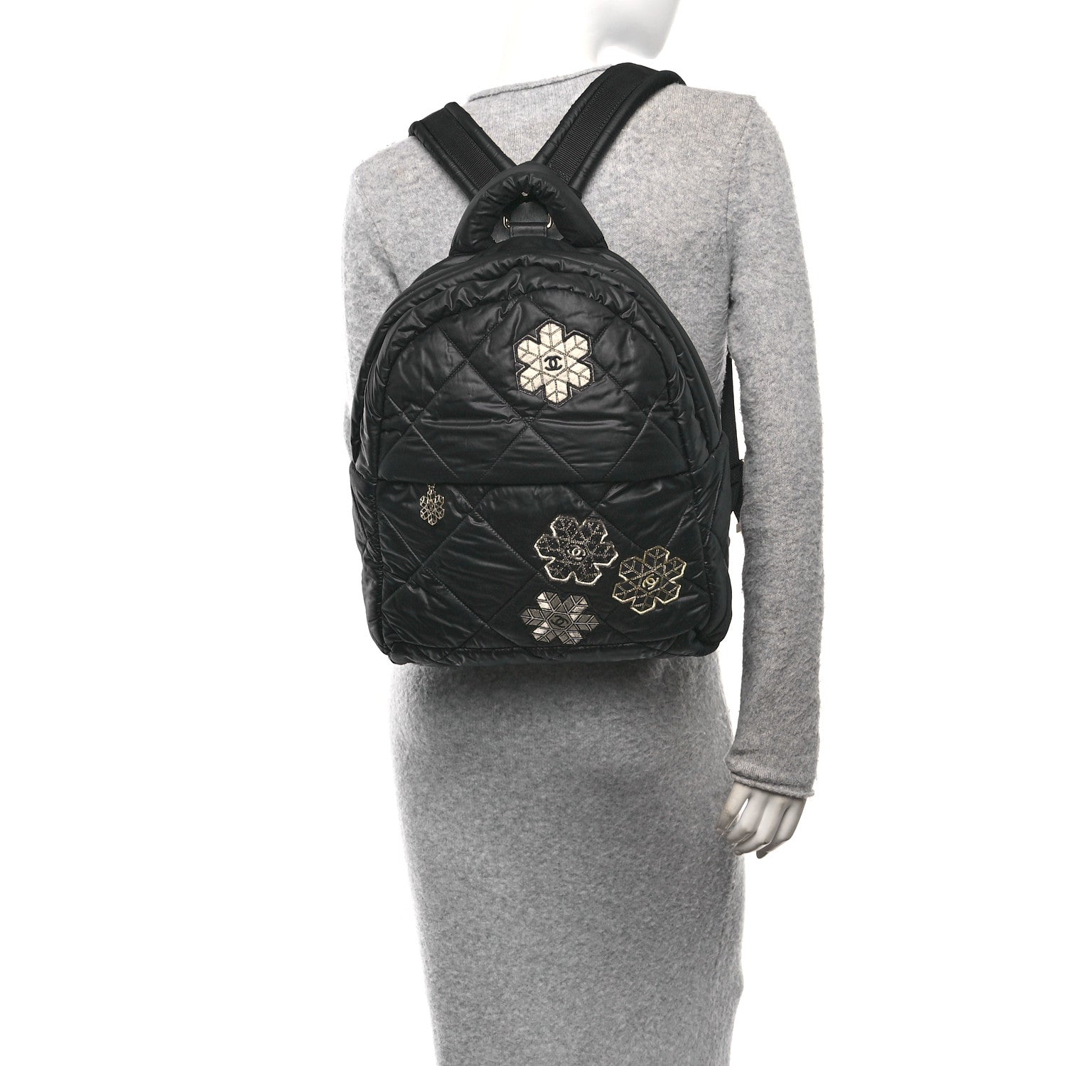 Nylon Tweed Quilted Small Coco Neige Snowflake Backpack Black