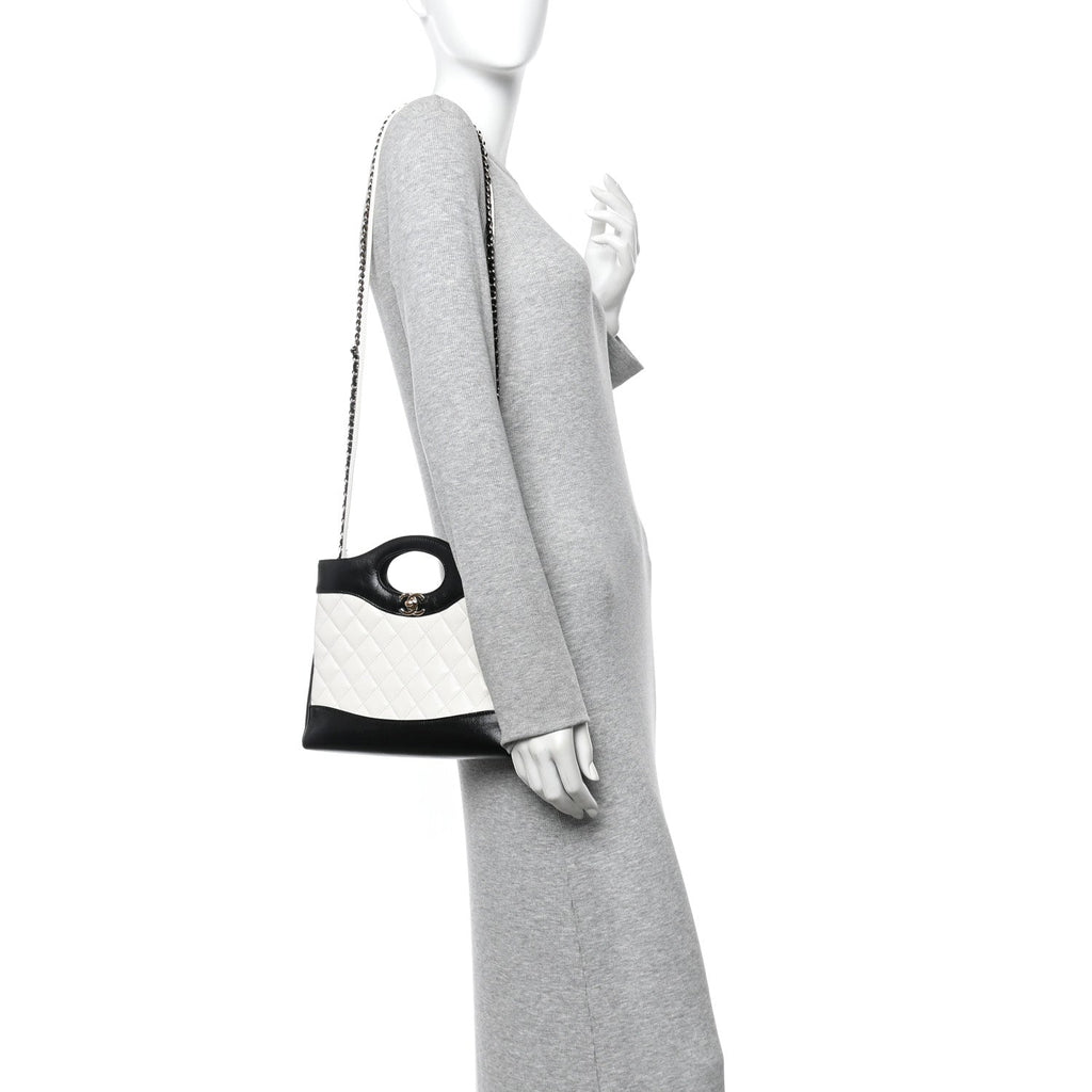Patent Calfskin Quilted Mini 31 Shopping Bag White Black