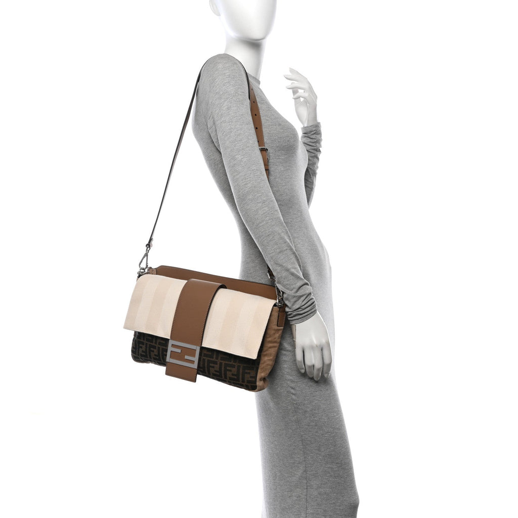 Fabric Jacquard Canvas Vitello Grace Pequin FF 1974 Large Convertible Baguette Tobacco Moro Grezzo Sand