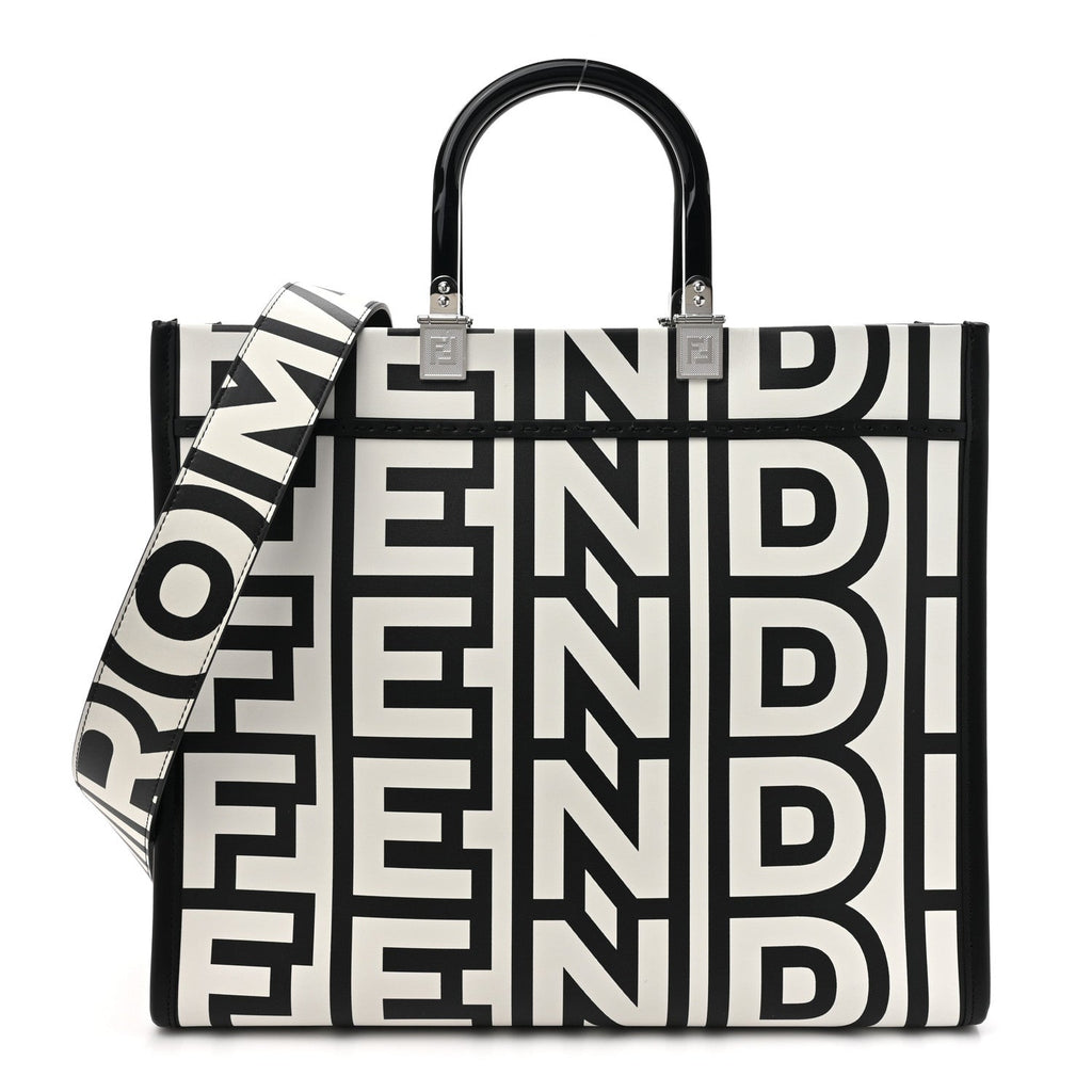 X MARC JACOBS Vitello King Logo Print Medium Fendi Sunshine Shopper Tote Black White