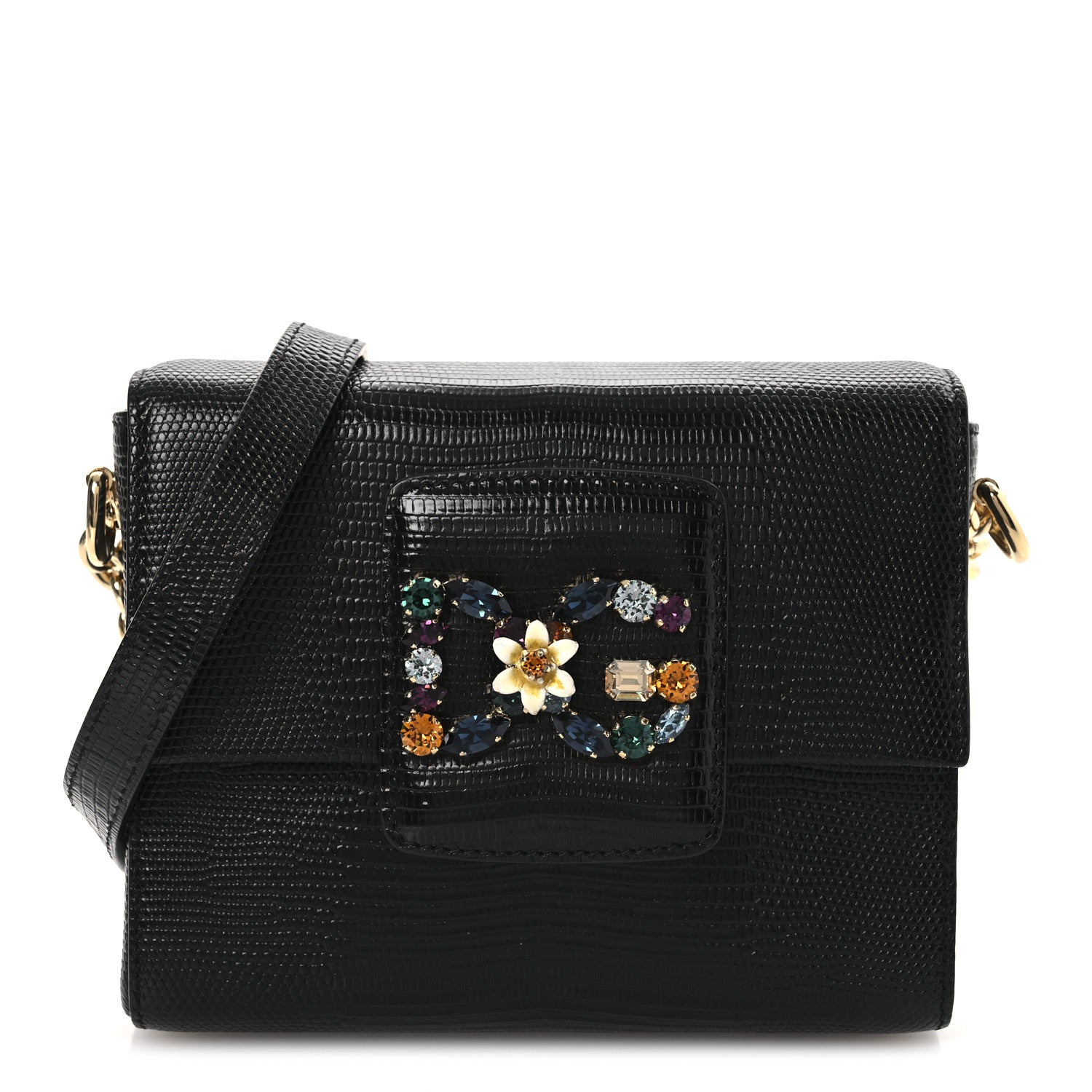 Lizard Embossed Crystal Embellished DG Millennials Mini Crossbody Bag Black