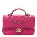 Lambskin Quilted Mini Crystal Top Handle Rectangular Flap Dark Pink