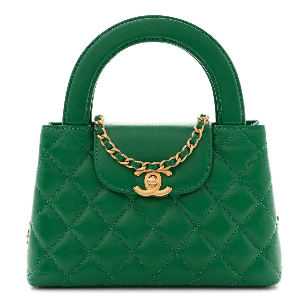 Shiny Aged Calfskin Quilted Nano Kelly Shopper Green