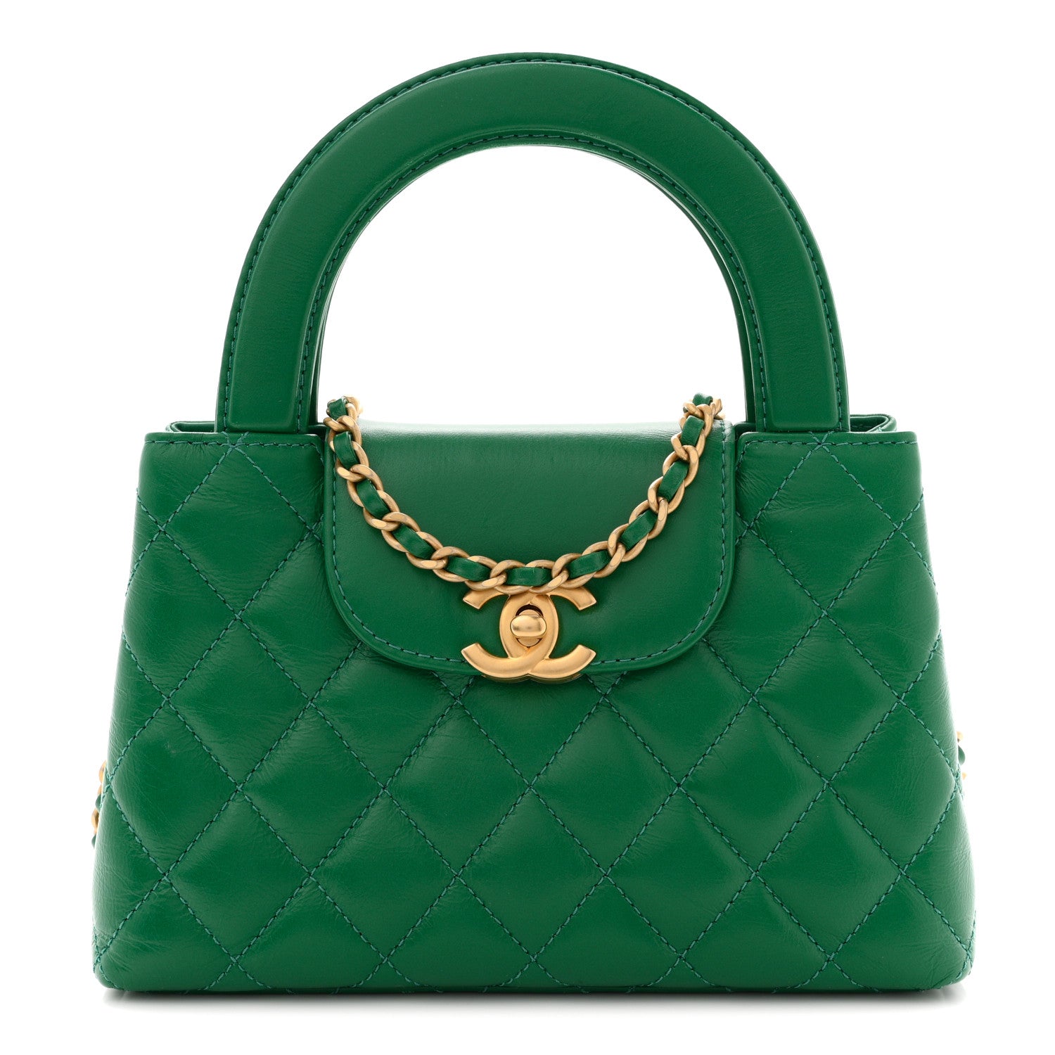 Shiny Aged Calfskin Quilted Nano Kelly Shopper Green