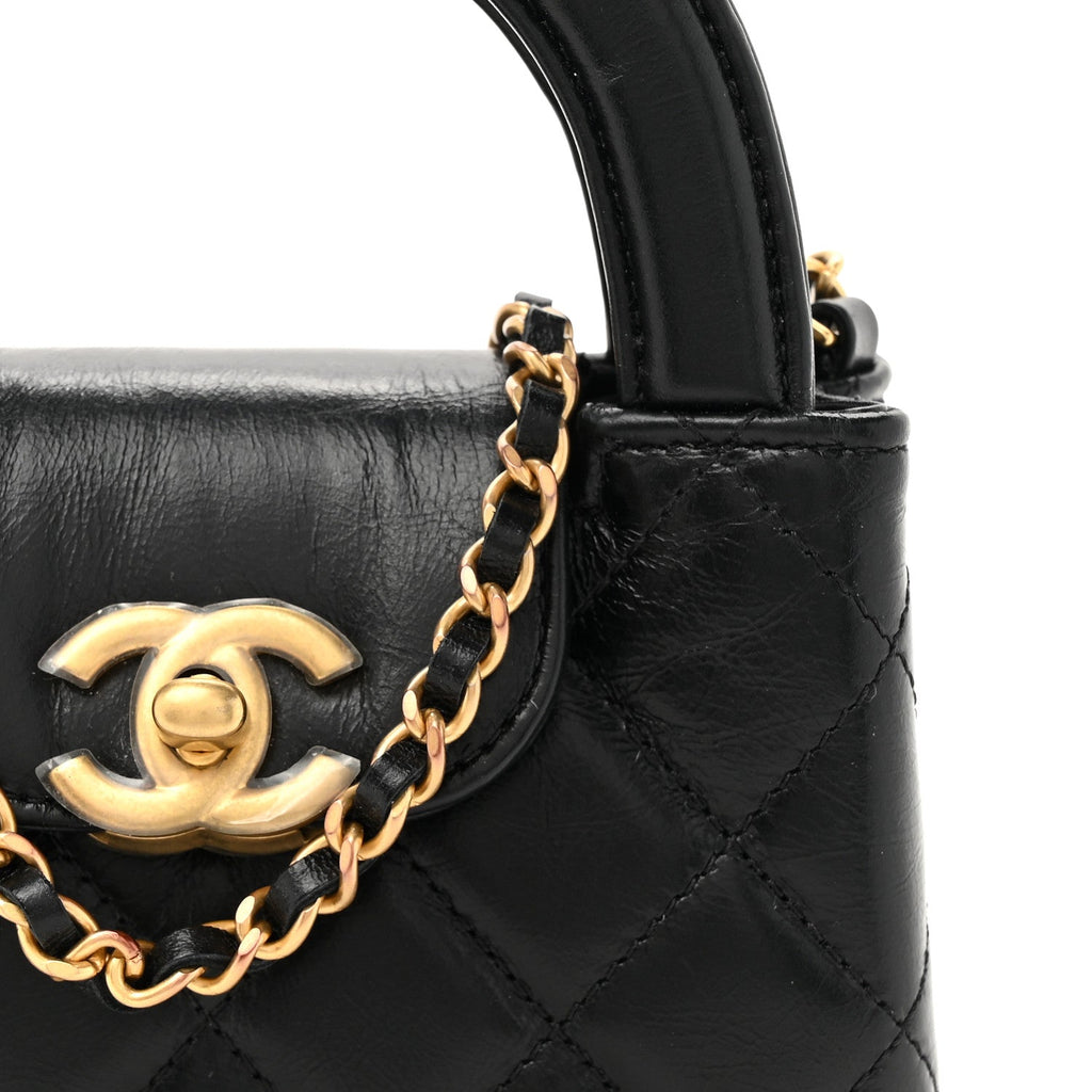 Shiny Aged Calfskin Quilted Mini Nano Kelly Shopper Black