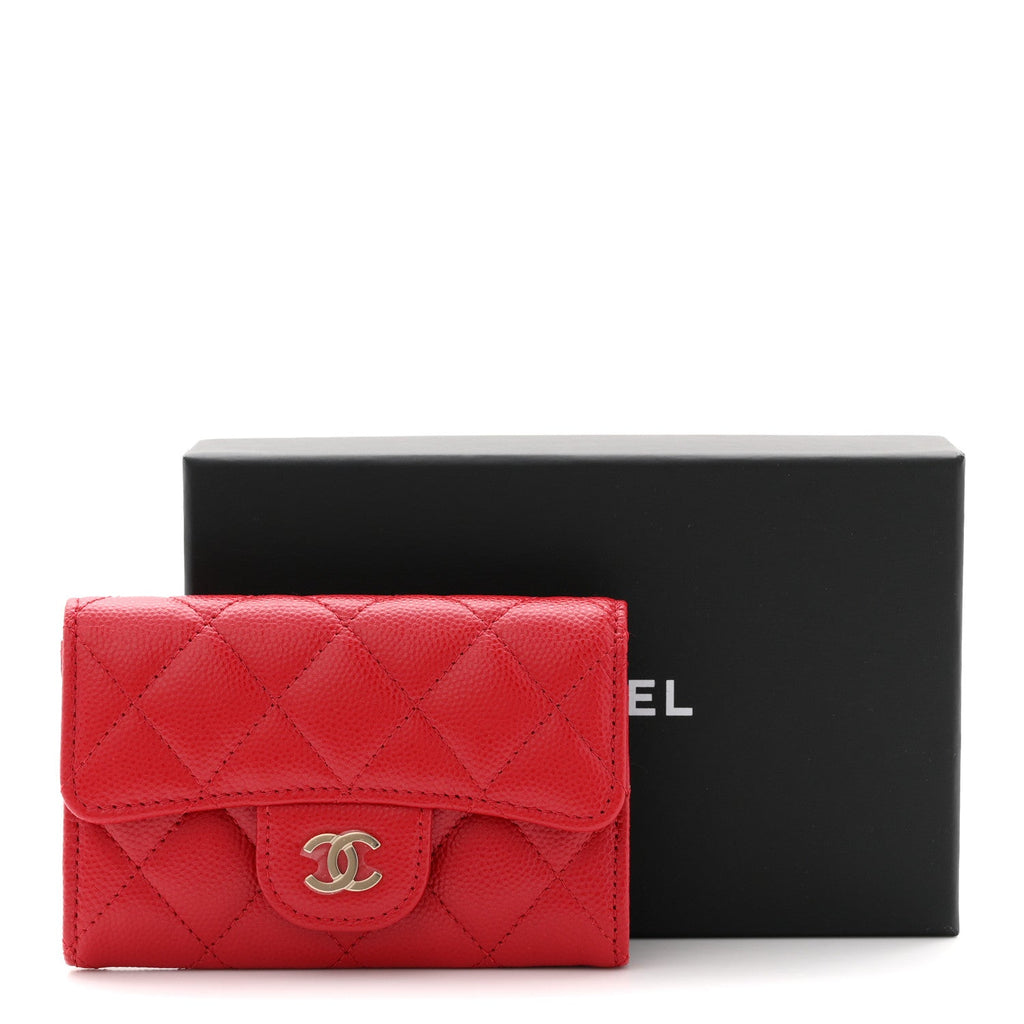 Caviar Quilted Flap  Holder Wallet Red