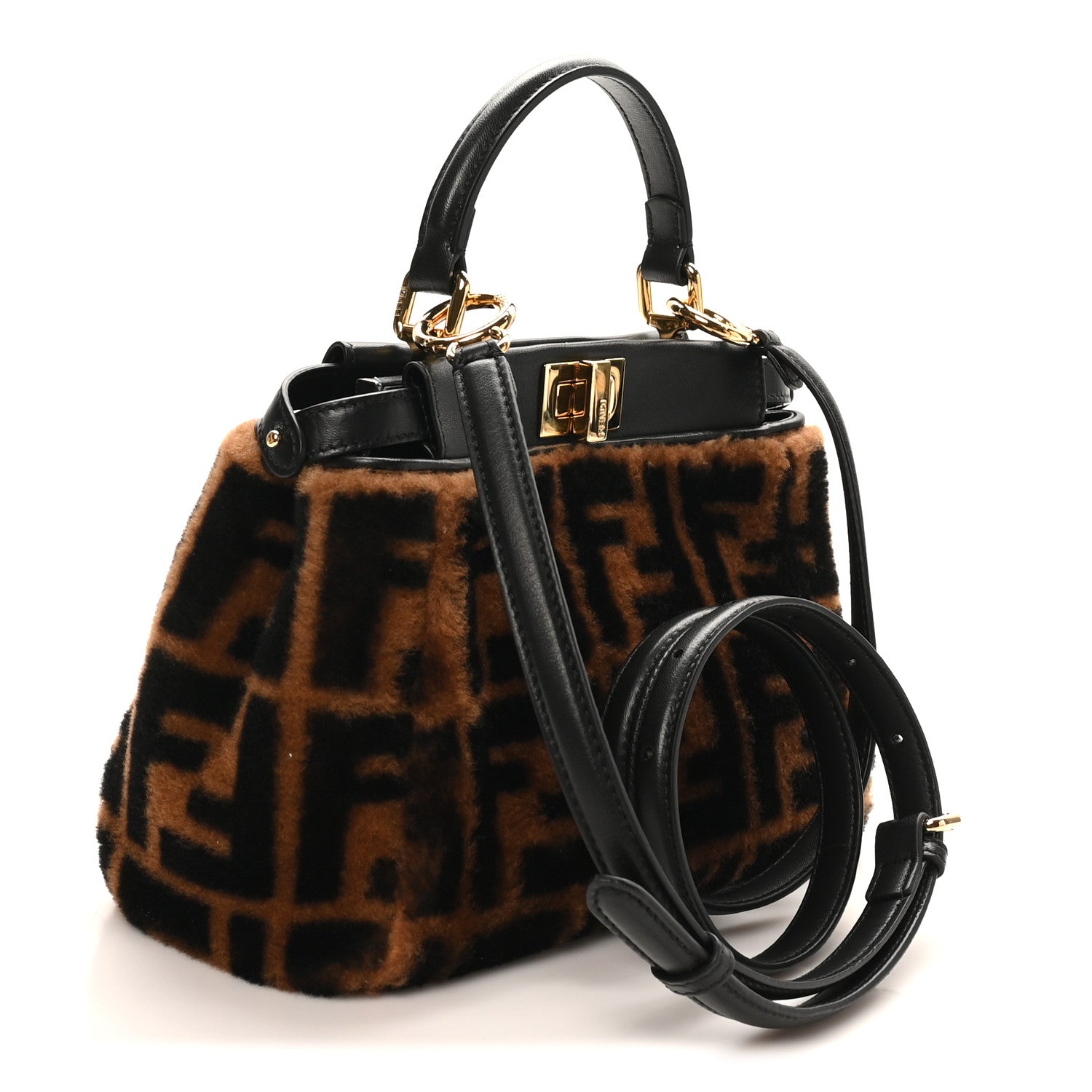 Shearling Nappa Macro FF 1974 Mini Peekaboo Iconic Satchel Tobacco Black