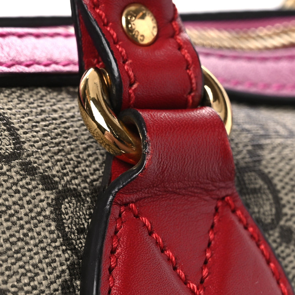 GG Supreme Monogram Moon Calfskin Small Boston Beige Ebony Hibiscus Red New Rosette