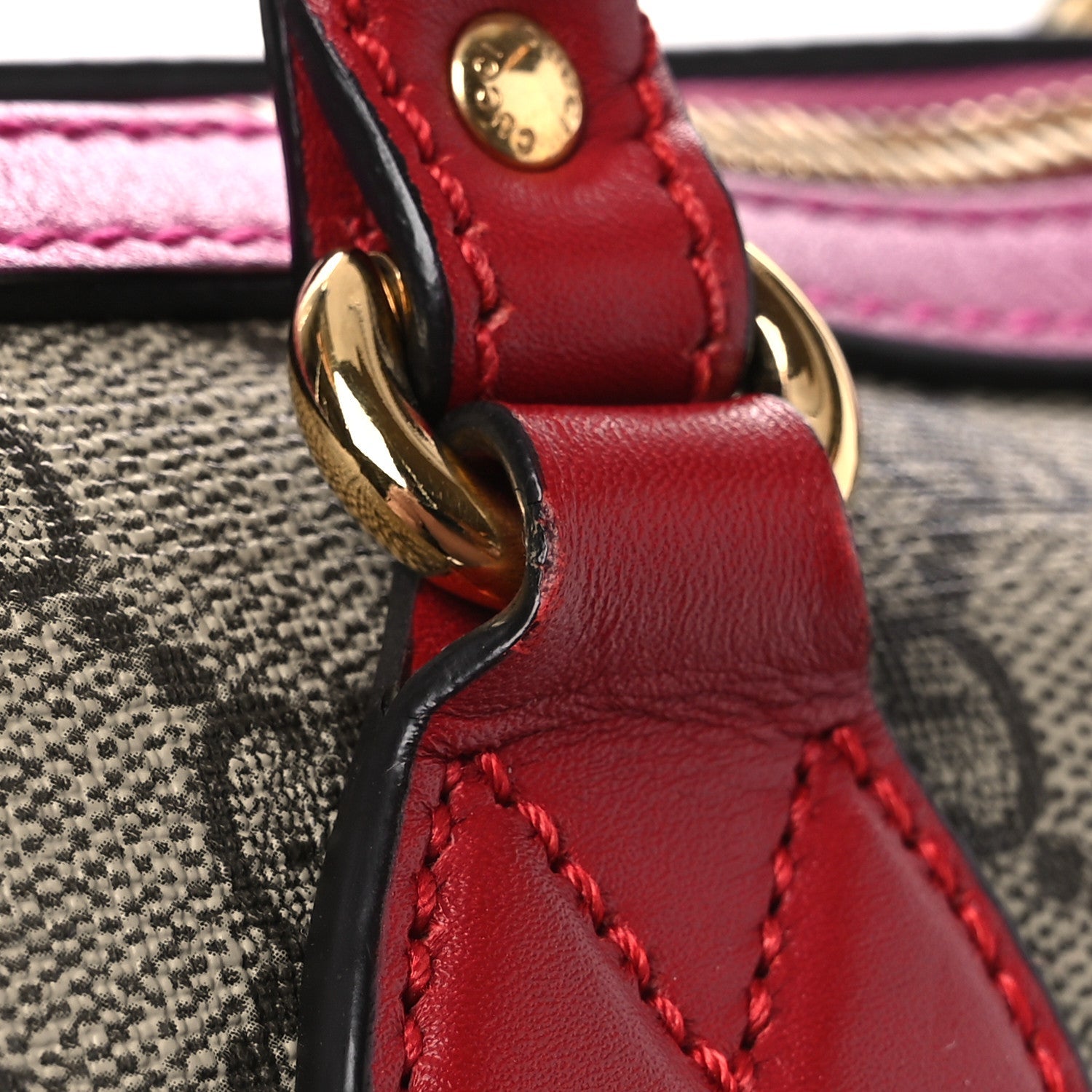 GG Supreme Monogram Moon Calfskin Small Boston Beige Ebony Hibiscus Red New Rosette
