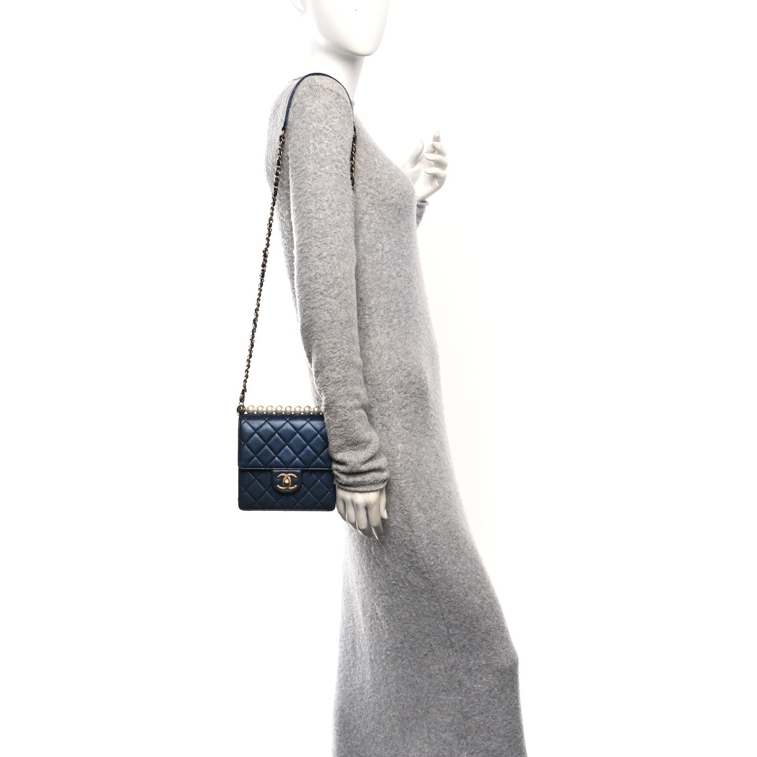 Iridescent Lambskin Quilted Chic Pearls Flap Navy Blue