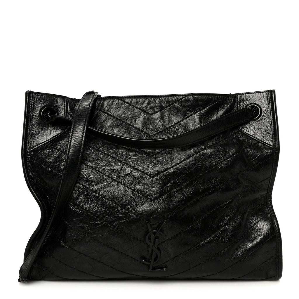 Crinkled Calfskin Matelasse Monogram Large Niki Shopper Tote Black