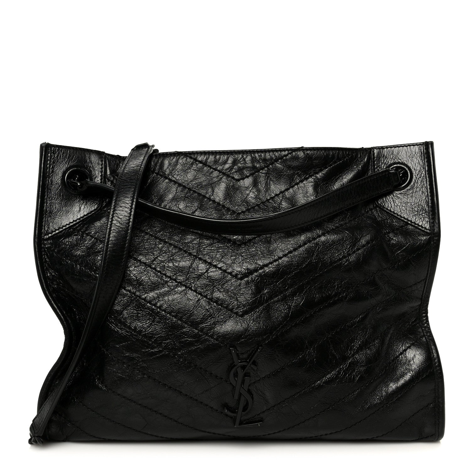 Crinkled Calfskin Matelasse Monogram Large Niki Shopper Tote Black