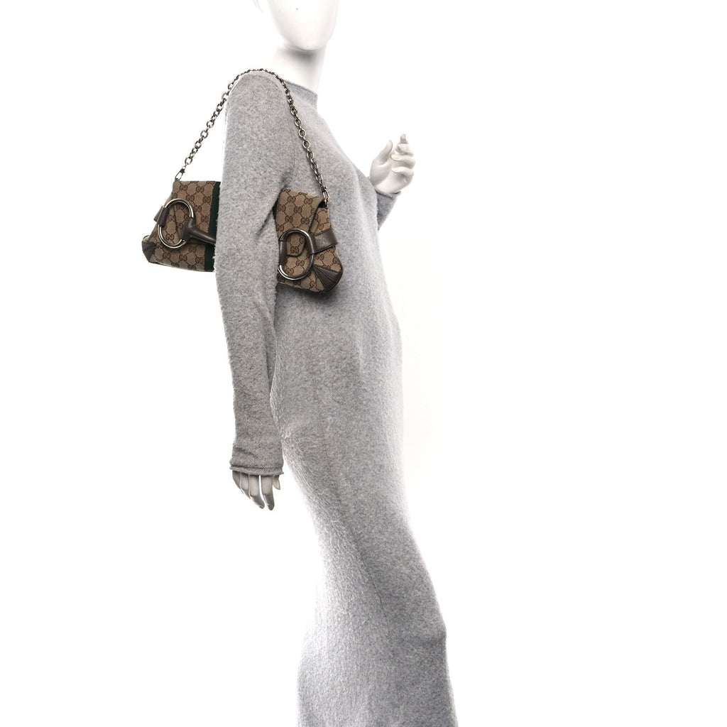 Monogram Textured Dollar Calfskin Heavy Grosgrain Web Medium Maxi Horsebit Chain Shoulder Bag Beige Ebony New Acero