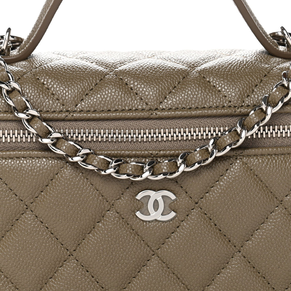 Caviar Quilted Top Handle Slim Vanity With Chain Dark Khaki