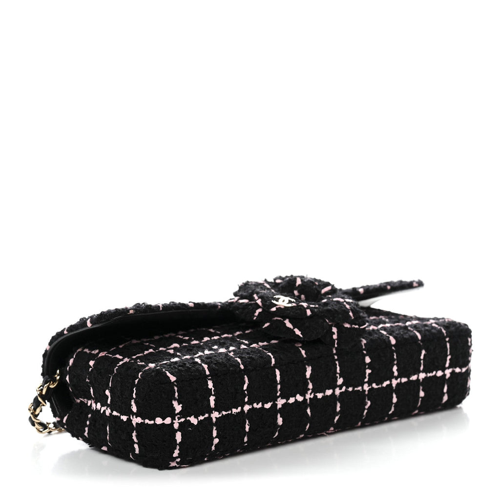 Tweed Quilted East West Camellia Clutch Black Pink