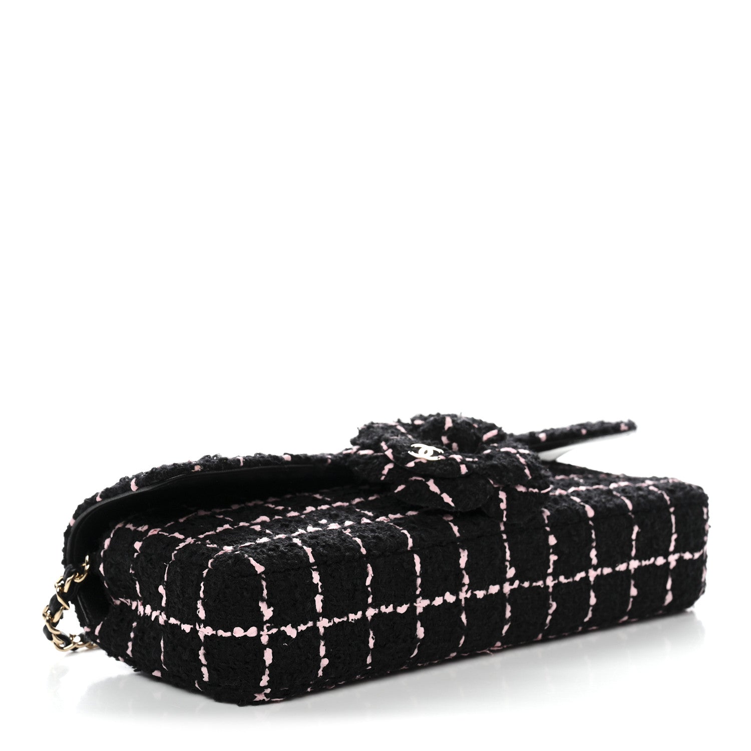 Tweed Quilted East West Camellia Clutch Black Pink