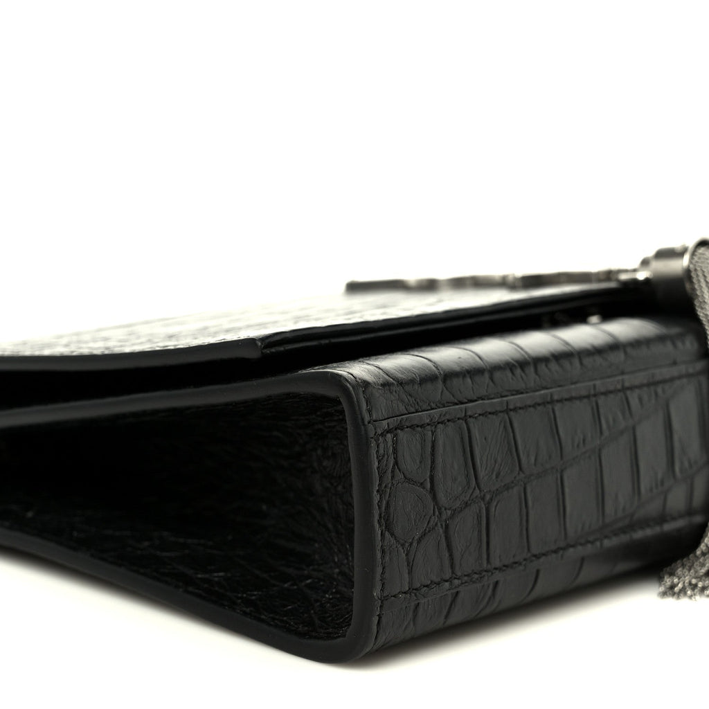 Calfskin Crocodile Embossed Medium Classic Monogram Kate Tassel Satchel Black