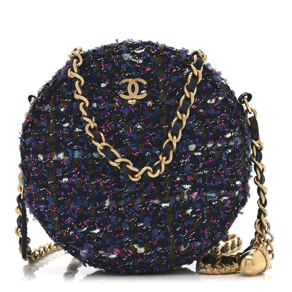 Tweed Quilted Round Clutch With Chain Multicolor
