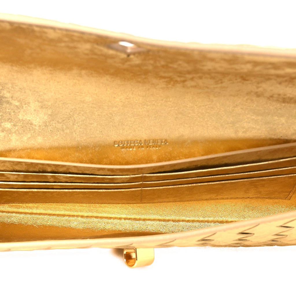 Metallic Satin Lambskin Intrecciato Long Andiamo Top Handle Clutch Gold