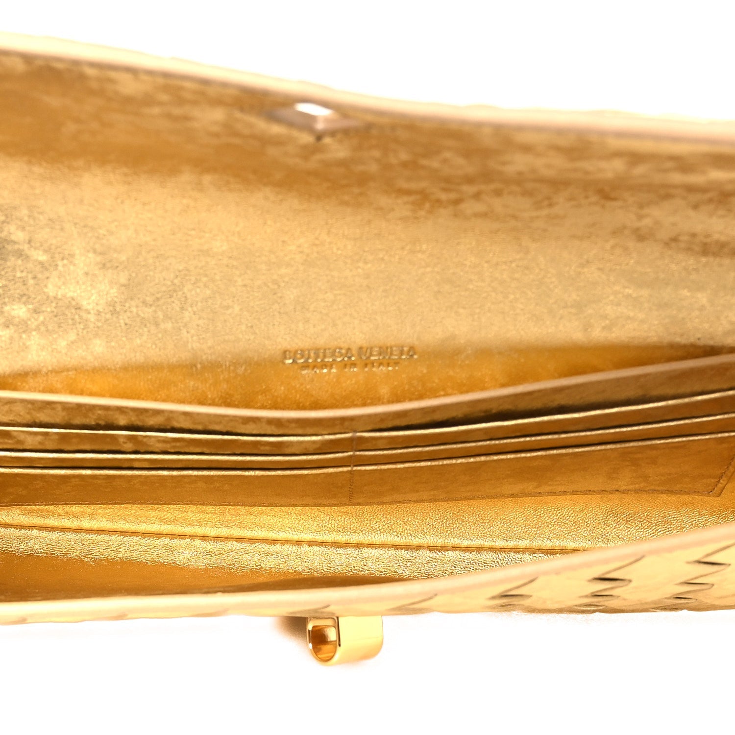 Metallic Satin Lambskin Intrecciato Long Andiamo Top Handle Clutch Gold
