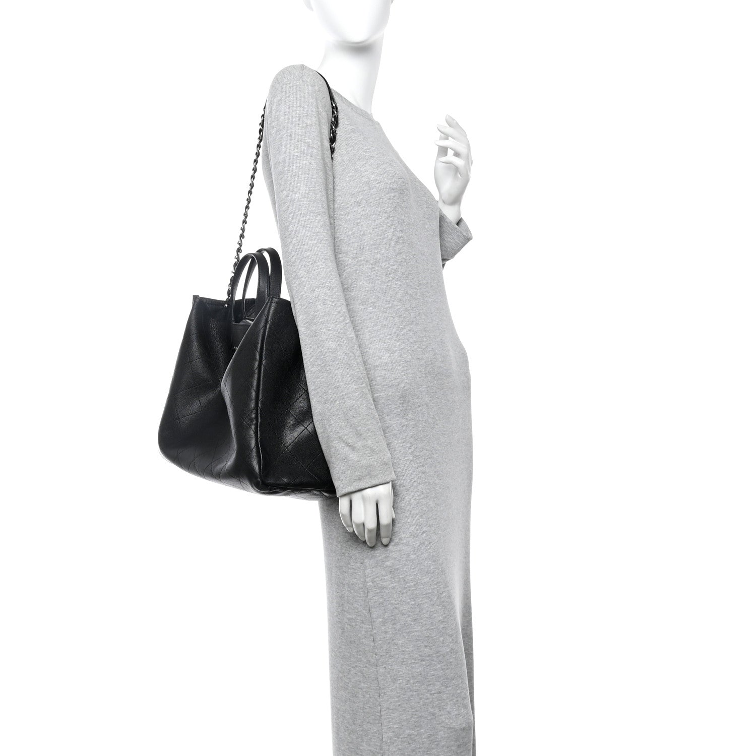 Caviar Stitched Large Lady Coco Shopping Tote Black