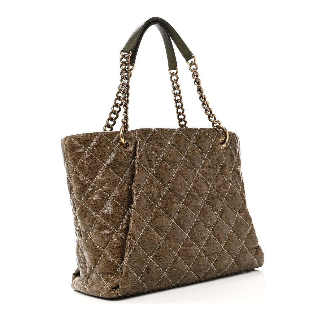 Crumpled Grained Calfskin Large Coco Pleats Tote Khaki