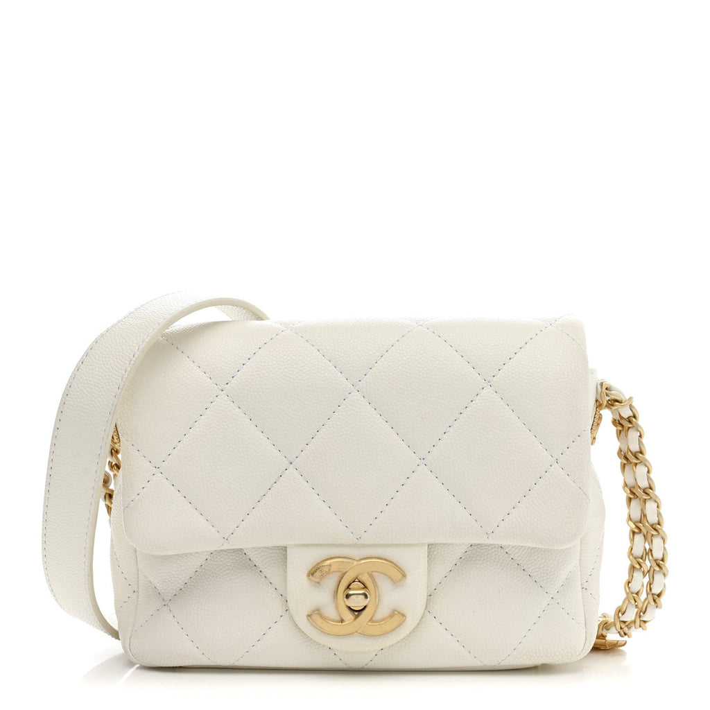 Caviar Quilted Mini Twist Your Buttons Flap  White