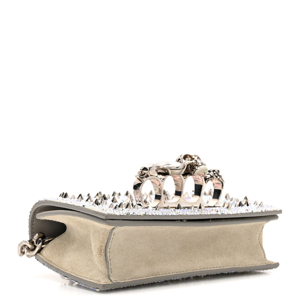 Suede Calfskin Crystal Studded Mini Jeweled Knuckle Satchel Silver