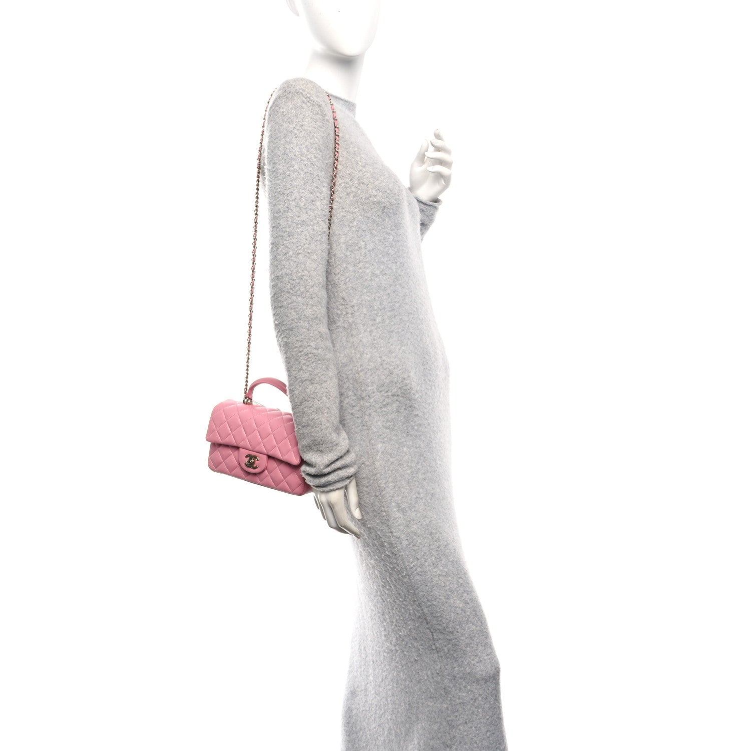 Lambskin Quilted Mini Top Handle Rectangular Flap Pink