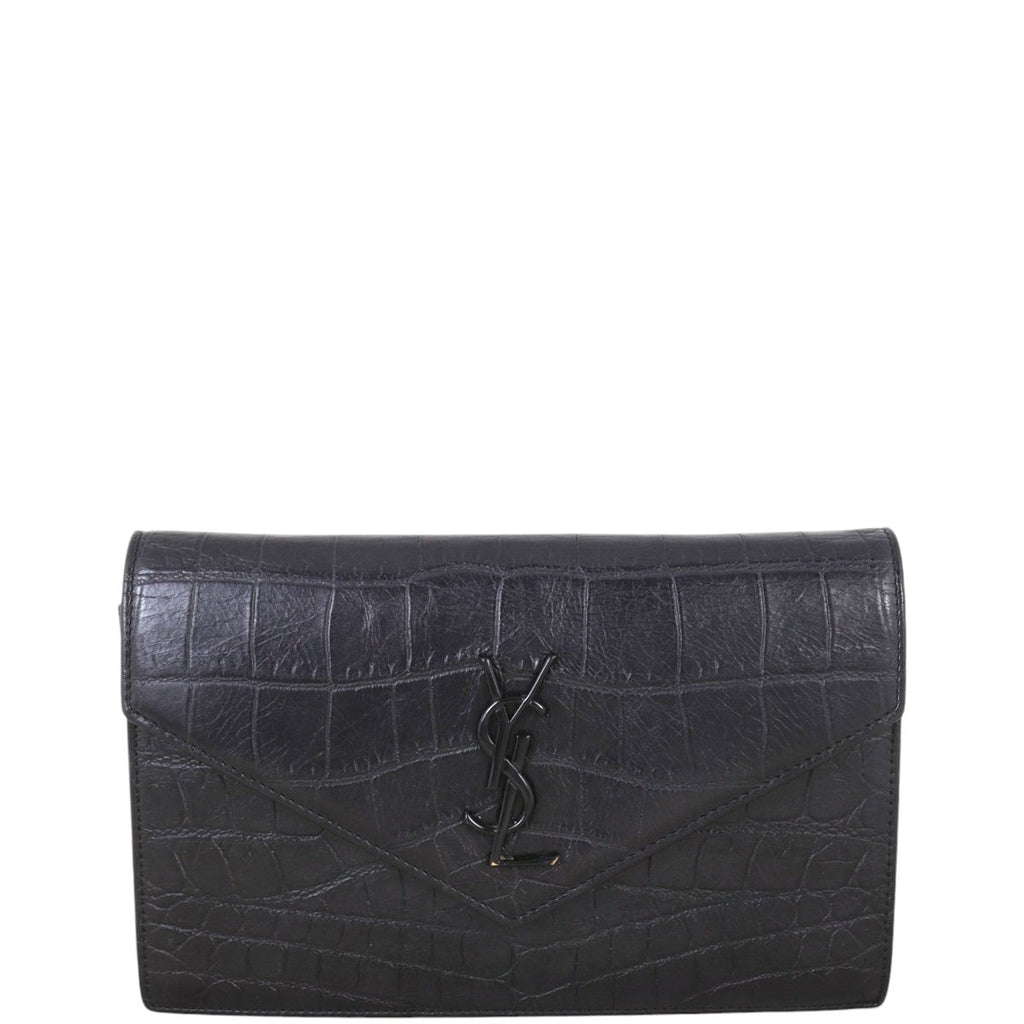 Saint Laurent Monogram Envelope Chain Wallet Croc-embossed
